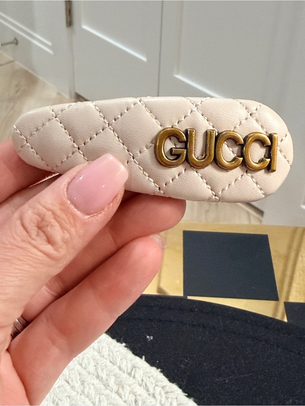 Hair Clip - Quilted Cream Vegan Leather Logo Hair Clip with Gold Hardware - NEW